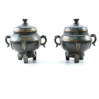 19th/20th C.  Pair Japanese Bronze Cloisonné Censers