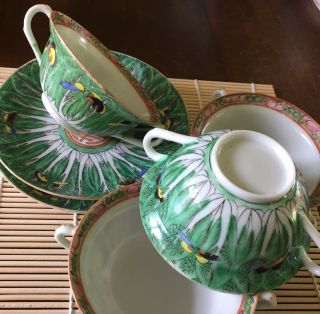 Chinese Famille Vert Cabbage And Butterfly Bowls Saucers
