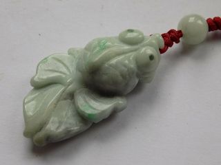 Vintage Chinese Hand Carved Green Jade Or Hard Stone Gold Fish Pendant