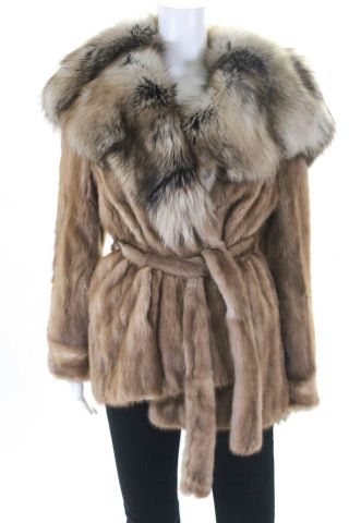Designer Womens Hooded Coat Brown Vintage Mink Fox Trim Size Large