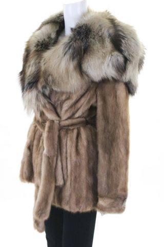 Designer Womens Hooded Coat Brown Vintage Mink Fox Trim Size Large 2