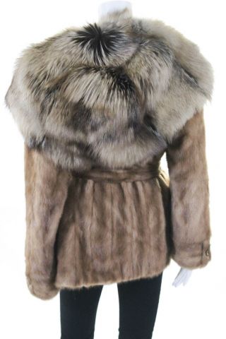 Designer Womens Hooded Coat Brown Vintage Mink Fox Trim Size Large 3