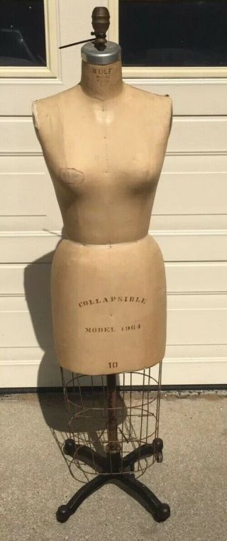 Vntg Wolf Collapsible Dress Form Model 1964 Size 10 With Cage & Cast Iron Base
