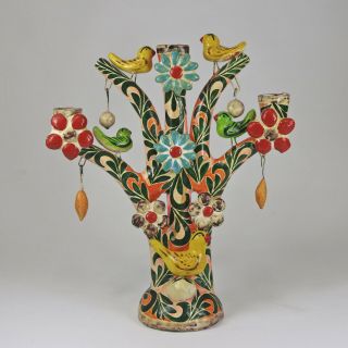 Vintage Mexican Folk Art Pottery " Tree Of Life " Flores Family? Candelabra 11.  5 "