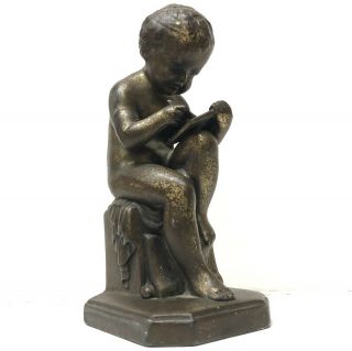 1800’s Antique French Art Deco Bronzed Spelter Sitting Boy Writing Nude Figure