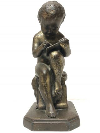 1800’s Antique French Art Deco Bronzed Spelter Sitting Boy Writing Nude Figure 2