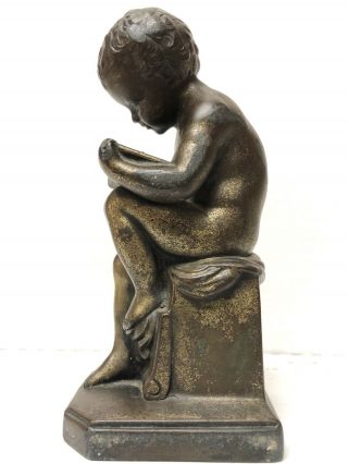 1800’s Antique French Art Deco Bronzed Spelter Sitting Boy Writing Nude Figure 3