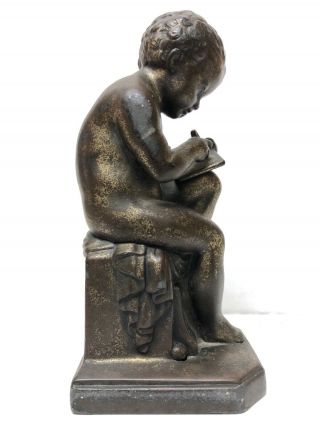 1800’s Antique French Art Deco Bronzed Spelter Sitting Boy Writing Nude Figure 5