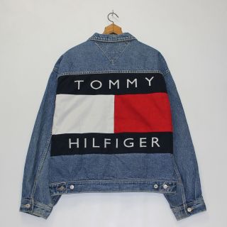 Vintage Tommy Hilfiger Jeans Big Flag Denim Jacket Size Xl Blue Red White
