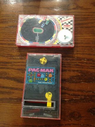 2 Vintage Tomy Pocketfuls Handheld Game 1987 Speedway,  Pacman No.  7015