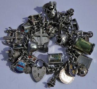Georg Jensen Vintage Solid Silver Charm Bracelet & 38 Charms.  Rare,  Opening.  100.  3g