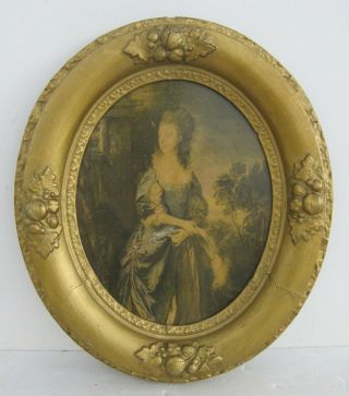 Ornate Antique Oval Gilt Frame W/ Thomas Gainsborough Portrait Lithograph 12x14
