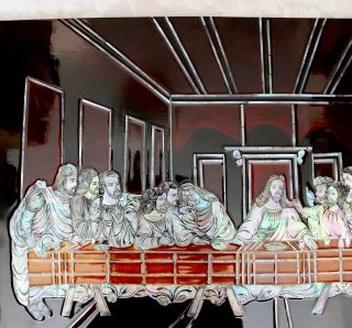 VINTAGE JESUS LAST SUPPER INLAID MOTHER OF PEARL RELIGIOUS LACQUERED WOOD PLAQUE 5