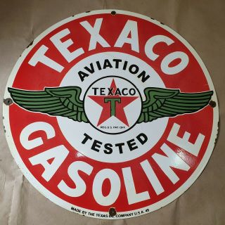 TEXACO AVIATION GASOLINE VINTAGE PORCELAIN SIGN 30 INCHES ROUND 2