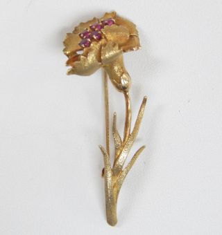 Estate Vintage 18k Yellow Gold Ruby Pin Brooch Carnation Flower 18 Karat