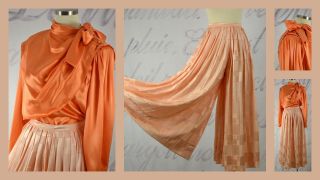 Vintage Silk Adolfo Palazzo Pleated Pants Split Skirt Gauchos Pussy Bow Blouse