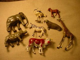 Group Of 8 Vintage Lead Animals Manoil Barclay Rhino,  Zebra,  Elephant,  Etc