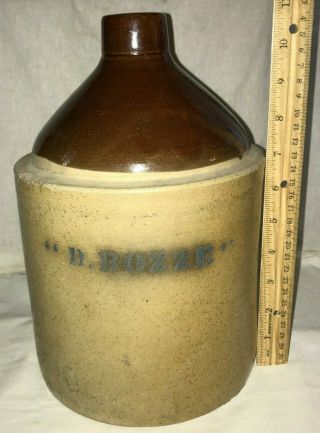 Antique D.  Bozze Salt Glazed 1gal Stoneware Jug Cobalt Stencil Adv Signed " E "