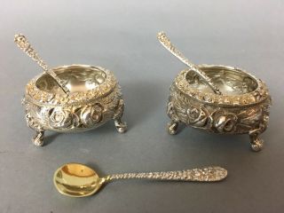 Stieff Rose Sterling Open Salt Cellar Silver Repousse Footed Set W/ Spoons 3.  6oz