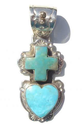 Large Dan Dodson Vintage Turquoise Sterling Silver Heart Cross Pendant