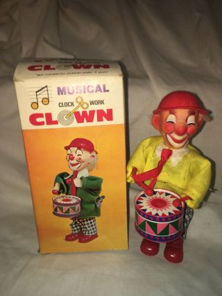 Vintage Musical Clock Work Clown Drummer Drum Wind Up Key Box 1950s Toy