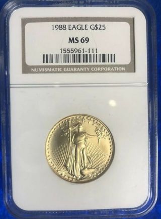 1988 $25 American Gold Eagle 1/2 Oz Ngc 1555961 - 111 Graded Ms69.  Rare - Key Date