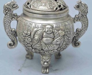 Ancient China Collectable Miao Silver Carve Buddha Drahon Exorcism Old Tea Pots 2