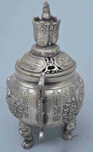 Ancient China Collectable Miao Silver Carve Buddha Drahon Exorcism Old Tea Pots 3