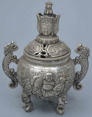 Ancient China Collectable Miao Silver Carve Buddha Drahon Exorcism Old Tea Pots 4