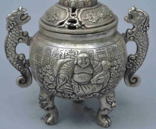 Ancient China Collectable Miao Silver Carve Buddha Drahon Exorcism Old Tea Pots 5