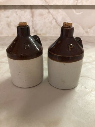 Antique Salt & Pepper Shakers Stone Ware Country Crock Dk Brown & Cream Color