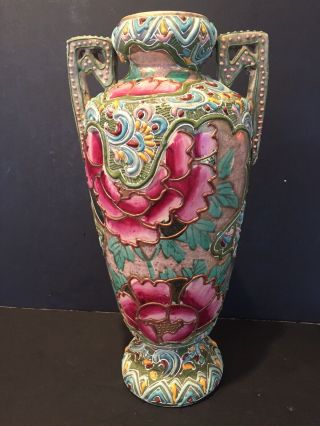 Antique Japanese Moriage Satsuma Earthenware Vase - 12 1/2 " - Spectacular