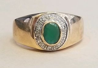 Handsome Vintage 10k Solid Yellow Gold Emerald & Diamond Men 