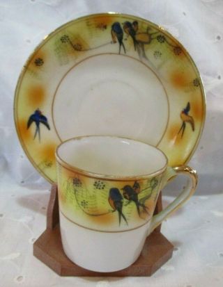 Vintage Demitasse Teacup & Saucer With Blue Love Birds Yellow Hand Painted Japan