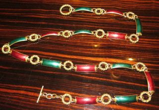 Vintage Gucci Gold Tone Chain Belt W/ Red & Green Enamel Links & Toggle Bar