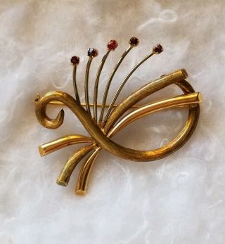 Vintage Abstract Art Deco Nouveau 750/ 18k Yellow Gold Brooch Pin Rubies