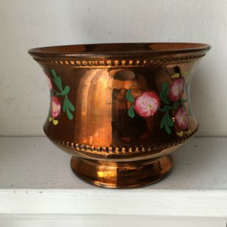 Antique Copper Luster Pedestal Bowl Enameled Hp Pink Flowers Vintage