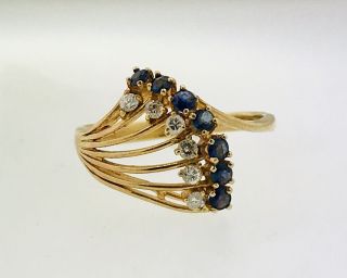 14k Yellow Gold Art Deco Sapphires Diamond Filigree Ring Fan Style
