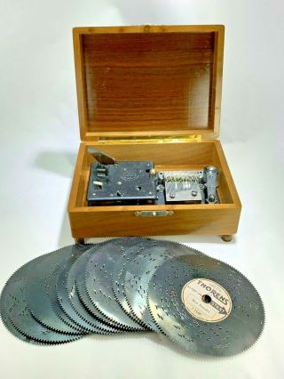 Vintage Thorens Swiss Windup Music Box W/ 11 Discs Made In Switzerland
