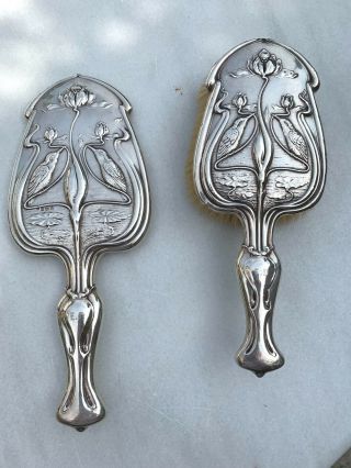 Antique Art Nouveau English Hallmarked Sterling Silver Mirror & Brush