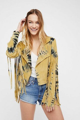 People Bali Revolutionary Leather Fringe Tie Dye Boho Moto Jacket L Rare 2