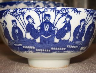 4 Antique Blue & White Chinese Rice Bowls/hand Painted Porcelain/people Bamboo