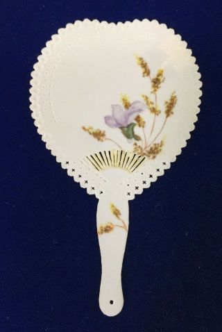 Antique Celluloid Fan Shaped Hand Painted Purple Flowers T53