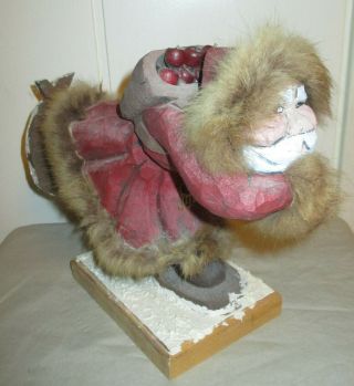 Vintage Folk Art Hand Carved Wood Eskimo With Fur Statue Figure