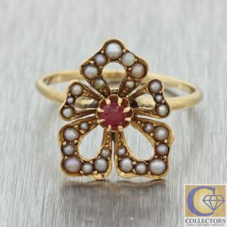 1880s Antique Victorian 10k Yellow Gold.  07ct Ruby Seed Pearl Club Shape Ring