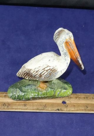 Antique Vintage Cold Painted Heavy Cast Pot Metal Pelican Figure Florida Souvenr