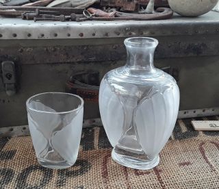 Vintage Art Deco Decanter W/ Cup Frosted Glass Retro Early Mid Century Shell