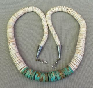 Big Heavy Vintage Santo Domingo Heishi Turquoise Shell Necklace Silver Ends