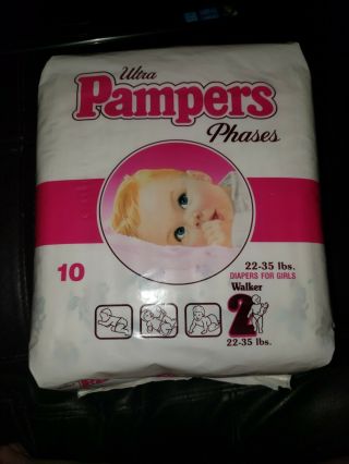 Vintage Ultra Pampers Phases Diapers For Girls,  Disney Print Walker 22 - 35lbs,  10