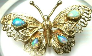 Lovely Heavy 14k Yellow Gold Natural Opals Filigree Butterfly Brooch.  8.  8gm.